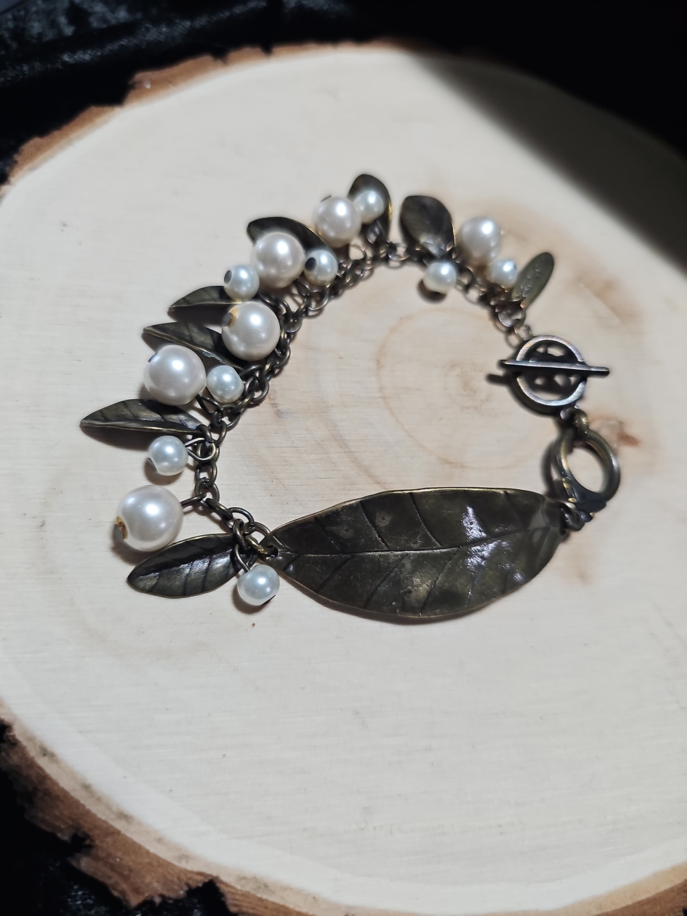 Pearl and Leaf Charm Bracelet - White Pearls on Antique Brass